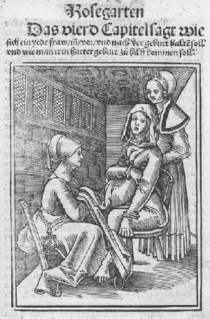 Hebamme bei der Ausübung ihrer arbeit in dieser Zeit (Quelle Wikipedia))